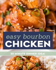 This recipe for Bourbon Chicken is so easy to make, with tender, juicy bites of chicken and a gloriously sweet and sticky sauce that clings to each bite. Make it in just 30 minutes, and you’ll have a weeknight dinner the whole family will love! #bourbonchicken #chicken #chickenbreast #bourbon #asian #chinese #takeout #stirfry