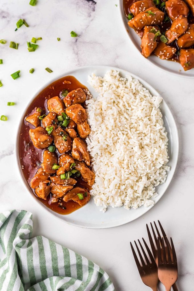 saucy chicken in bourbon sauce on plate with rice