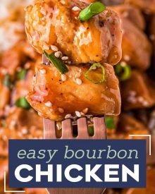 This recipe for Bourbon Chicken is so easy to make, with tender, juicy bites of chicken and a gloriously sweet and sticky sauce that clings to each bite. Make it in just 30 minutes, and you’ll have a weeknight dinner the whole family will love! #bourbonchicken #chicken #chickenbreast #bourbon #asian #chinese #takeout #stirfry