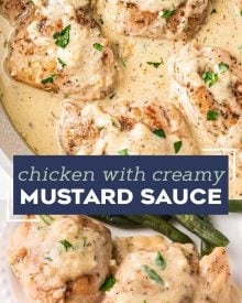 Simple and easy, these Chicken Thighs with Creamy Mustard Sauce are made in one pan, and ready in about 30-40 minutes! Packed with bold and rich flavors, this is a great weeknight dinner idea. The mustard sauce is perfect over veggies, potatoes and more! #chicken #thighs #mustard #onepan #onepot #dijonmustard #mustardsauce