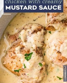 Simple and easy, these Chicken Thighs with Creamy Mustard Sauce are made in one pan, and ready in about 30-40 minutes! Packed with bold and rich flavors, this is a great weeknight dinner idea. The mustard sauce is perfect over veggies, potatoes and more! #chicken #thighs #mustard #onepan #onepot #dijonmustard #mustardsauce