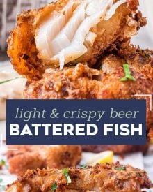 This Beer Battered Fish recipe is crispy and light, and made with an ultra simple batter. Perfect for any fish and chips feast, as well as a fish fry for Lent! #fish #seafood #cod #fishandchips #fried #crispy #beerbattered