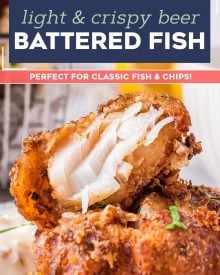 This Beer Battered Fish recipe is crispy and light, and made with an ultra simple batter. Perfect for any fish and chips feast, as well as a fish fry for Lent! #fish #seafood #cod #fishandchips #fried #crispy #beerbattered