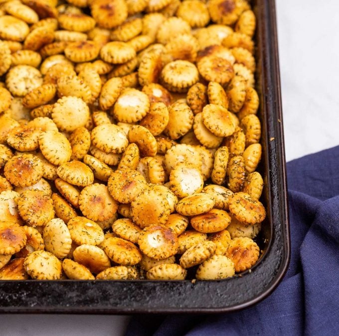 dill oyster crackers on baking sheet