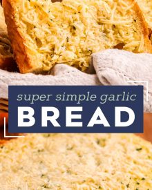 Homemade garlic bread is so simple to make! Complete with crispy edges, buttery and soft middles and plenty of garlic and herb flavor. Frozen bread doesn’t stand a chance against this garlic bread! #garlicbread #garlic #bread #easyrecipe #homemade #cheesy #cheesybread #italian