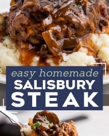 Salisbury Steak is an easy comfort food dinner that's reminiscent of tv dinners, but SO much better! Homemade ground beef steaks are smothered in the most amazing mushroom and onion gravy. It's a hearty one pan meal for the whole family. #salisburysteak #beef #groundbeef #dinner #dinnerrecipe #onepan