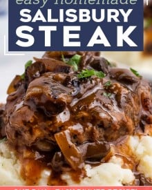 Salisbury Steak is an easy comfort food dinner that's reminiscent of tv dinners, but SO much better! Homemade ground beef steaks are smothered in the most amazing mushroom and onion gravy. It's a hearty one pan meal for the whole family. #salisburysteak #beef #groundbeef #dinner #dinnerrecipe #onepan