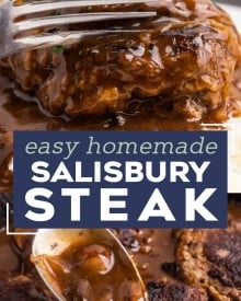 Salisbury Steak is an easy comfort food dinner that's reminiscent of tv dinners, but SO much better! Homemade ground beef steaks are smothered in the most amazing mushroom and onion gravy. It's a hearty one pan meal for the whole family. #salisburysteak #beef #groundbeef #dinner #dinnerrecipe #onepan