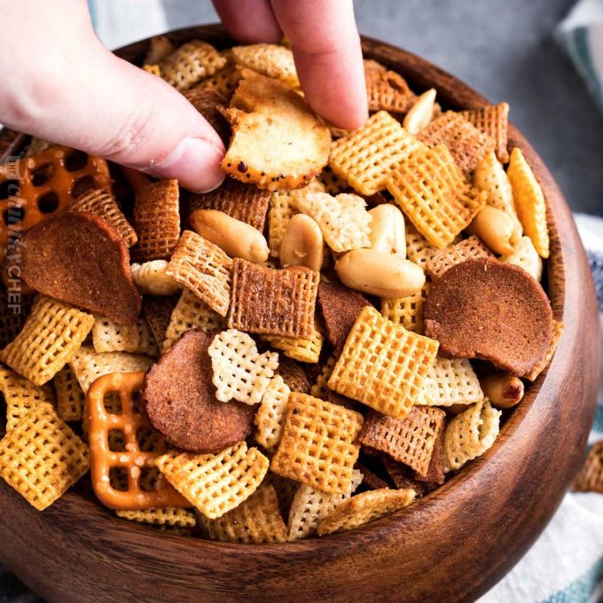 bowl of chex mix made in the slow cooker
