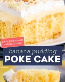 This Banana Pudding Poke Cake is the easiest and most delicious banana dessert around! Buttery yellow cake is infused with banana pudding, then slathered with whipped cream, crushed vanilla wafers and banana slices! Naturally a make ahead dessert, this is a dessert recipe the whole family will love! #pokecake #yellowcake #bananapudding #dessert #baking