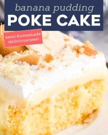 This Banana Pudding Poke Cake is the easiest and most delicious banana dessert around! Buttery yellow cake is infused with banana pudding, then slathered with whipped cream, crushed vanilla wafers and banana slices! Naturally a make ahead dessert, this is a dessert recipe the whole family will love! #pokecake #yellowcake #bananapudding #dessert #baking