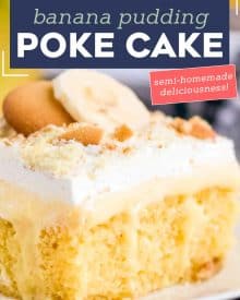 This Banana Pudding Poke Cake is the easiest and most delicious banana dessert around! Buttery yellow cake is infused with banana pudding, then slathered with whipped cream, crushed vanilla wafers and banana slices! Naturally a make ahead dessert, this is a dessert recipe the whole family will love! #pokecake #yellowcake #bananapudding #dessert #baking