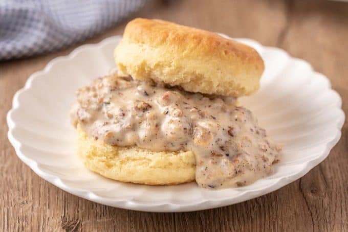 biscuit topped with sawmill gravy