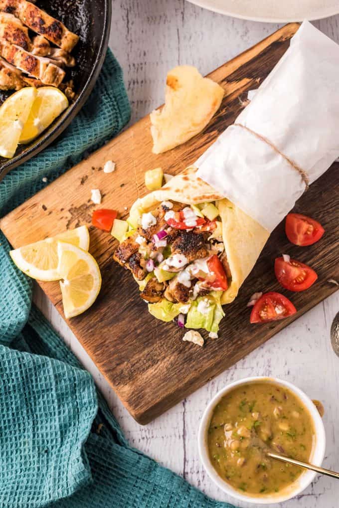 chicken shawarma wrap on cutting board