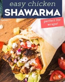 This Easy Chicken Shawarma is perfect for grilling season! The chicken is bathed in an aromatic Middle Eastern inspired marinade, then grilled/cooked to charred perfection. It's perfect in wraps and drizzled with either a tangy yogurt or tahini sauce! #shawarma #chickenshawarma #chickenrecipe