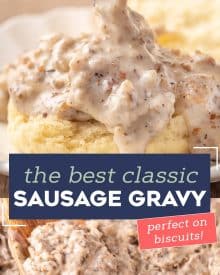 This Classic Sausage Gravy recipe is creamy, peppery, made from scratch, and just the perfect comfort food! Made in just 20 minutes, and just great for slathering over some biscuits. #sausagegravy #biscuitsandgravy #sawmillgravy #breakfast