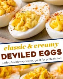 These Classic Deviled Eggs are so creamy, flavorful, and easy to make. Perfect for barbecues, potluck, Easter (or other holidays), and more! This is a base recipe that you can play around with and add fun flavors to, and you can make parts ahead to save you time!