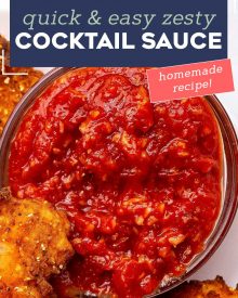 Making your own Homemade Cocktail Sauce is SO easy. Just mix together and chill, and you'll have the best-tasting zesty cocktail sauce you've ever had!#cocktailsauce #sauce #shrimpcocktail #shrimp #homemaderecipe #easyrecipe
