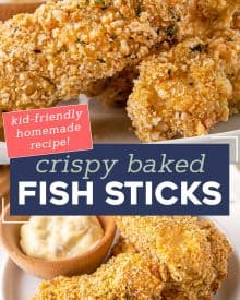 These Parmesan Baked Fish Sticks are so crispy on the outside and flaky on the inside. Made from real fish filets, this kid-approved and freezer-friendly recipe is so much better than any box from the frozen foods section! #fishsticks #bakedfish #crispyfish #homemaderecipe