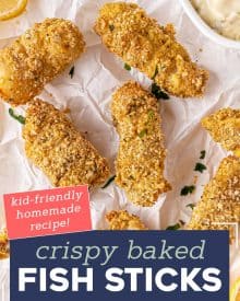 These Parmesan Baked Fish Sticks are so crispy on the outside and flaky on the inside. Made from real fish filets, this kid-approved and freezer-friendly recipe is so much better than any box from the frozen foods section! #fishsticks #bakedfish #crispyfish #homemaderecipe