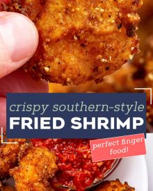 These Southern-Style Fried Shrimp are so juicy and tender, with the crispiest crust. Deep fried in a buttermilk and flour/cornmeal batter, they're perfect with cocktail sauce as an appetizer, or a fun dinner! #shrimp #friedshrimp #popcornshrimp #seafood #southernfood