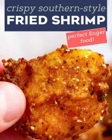 These Southern-Style Fried Shrimp are so juicy and tender, with the crispiest crust. Deep fried in a buttermilk and flour/cornmeal batter, they're perfect with cocktail sauce as an appetizer, or a fun dinner! #shrimp #friedshrimp #popcornshrimp #seafood #southernfood