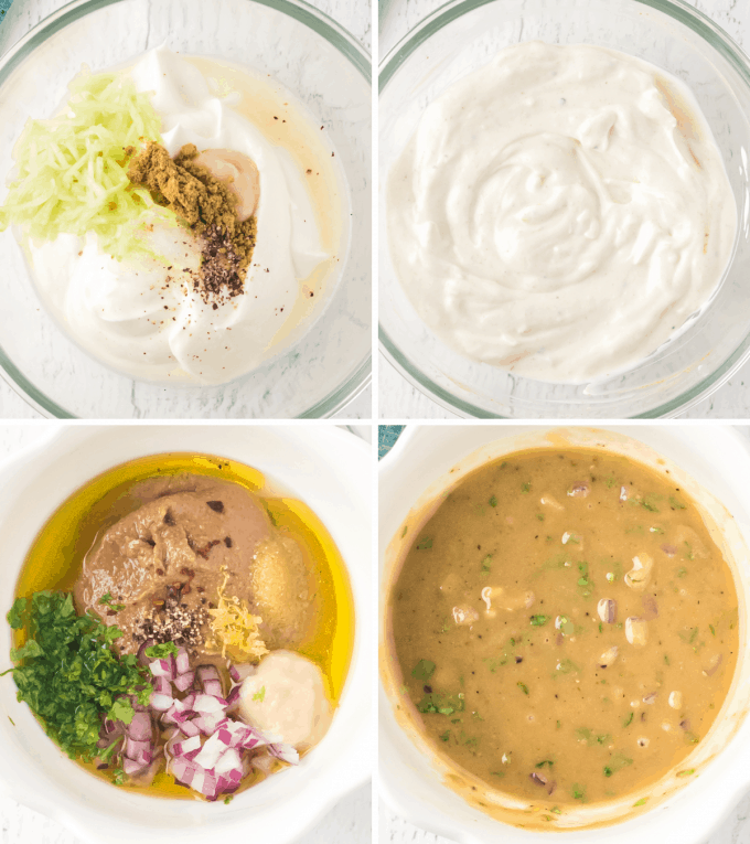 step by step how to make yogurt and tahini sauce - image collage