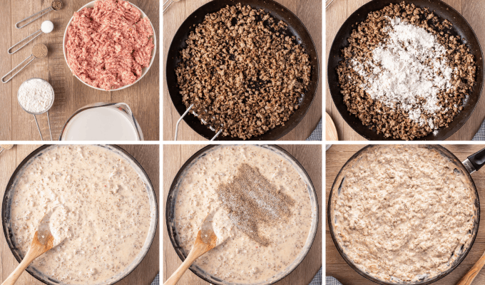 step by step how to make sausage gravy - image collage