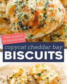 These Copycat Cheddar Bay Biscuits are buttery, garlicky, cheesy, fluffy, and ready in less than 30 minutes! No rolling and cutting needed and they're made from scratch. #biscuits #cheddarbay #copycat #redlobsterbiscuits