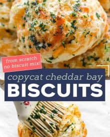 These Copycat Cheddar Bay Biscuits are buttery, garlicky, cheesy, fluffy, and ready in less than 30 minutes! No rolling and cutting needed and they're made from scratch. #biscuits #cheddarbay #copycat #redlobsterbiscuits