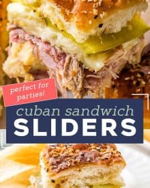 These Cuban Sliders are a fun appetizer version of the classic Cuban sandwich! Loaded with ham, pulled pork, mustard sauce, cheese and pickles, you'll love every bite of these delicious crowd-pleasing sliders. #sliders #cuban #ham #pork #appetizers #fingerfoods #partyfood