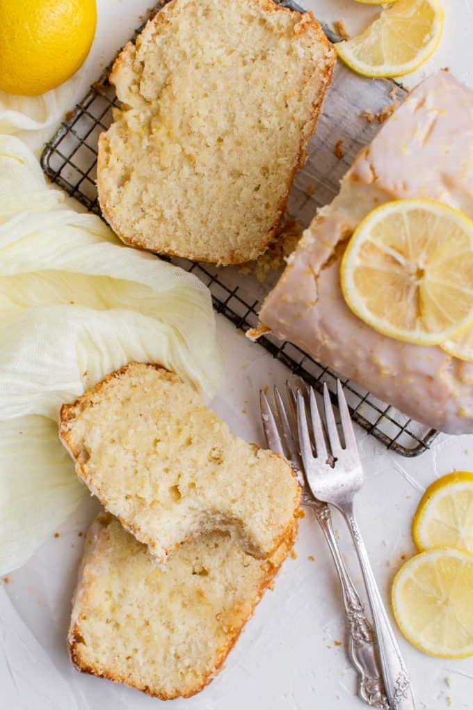 slices of pound cake on table pound cake on cooling rack