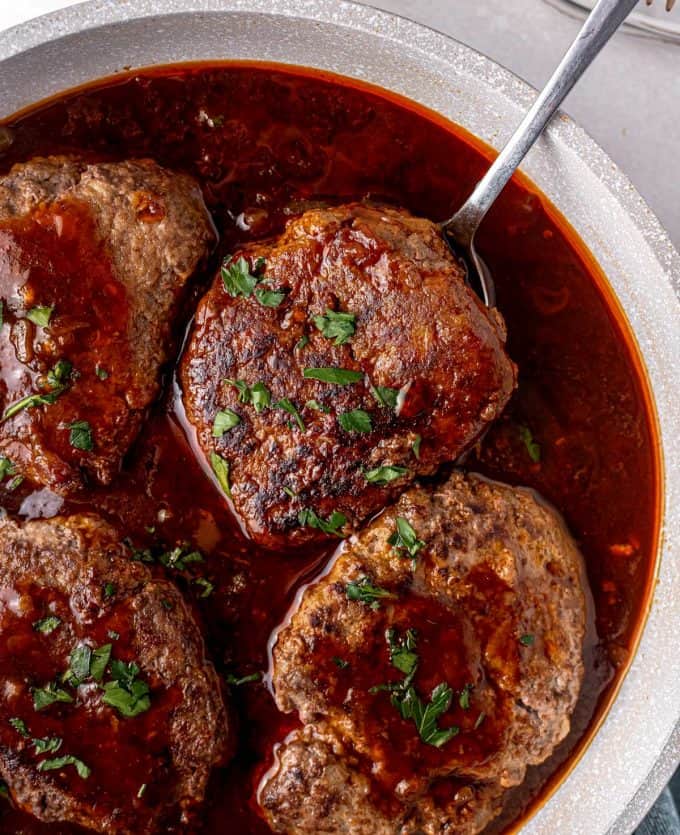 stout bbq salisbury steaks in skillet