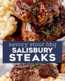 This fun take on classic salisbury steak is an easy comfort food dinner! Homemade ground beef steaks are smothered in the most amazing stout and onion bbq gravy. It's a hearty one pan meal for the whole family. #salisburysteak #beef #groundbeef #dinner #dinnerrecipe #onepan #stout #bbq #guinness