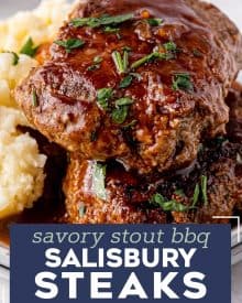 This fun take on classic salisbury steak is an easy comfort food dinner! Homemade ground beef steaks are smothered in the most amazing stout and onion bbq gravy. It's a hearty one pan meal for the whole family. #salisburysteak #beef #groundbeef #dinner #dinnerrecipe #onepan #stout #bbq #guinness