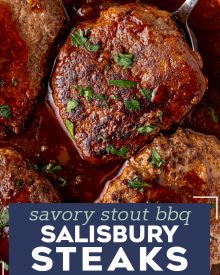 This fun take on classic salisbury steak is an easy comfort food dinner! Homemade ground beef steaks are smothered in the most amazing stout and onion bbq gravy. It's a hearty one pan meal for the whole family. #salisburysteak #beef #groundbeef #dinner #dinnerrecipe #onepan #stout #bbq #guinness