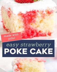 This Strawberry Poke Cake is the easiest and most delicious summer dessert around! Fluffy white cake is infused with strawberry jello, then slathered with whipped cream! Naturally a make ahead dessert, this is a dessert recipe the whole family will love! #pokecake #strawberrydessert #whitecake #dessert #baking #summerdessert