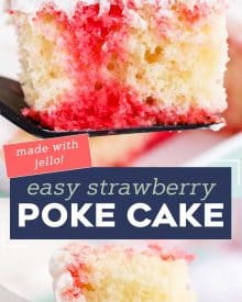 This Strawberry Poke Cake is the easiest and most delicious summer dessert around! Fluffy white cake is infused with strawberry jello, then slathered with whipped cream! Naturally a make ahead dessert, this is a dessert recipe the whole family will love! #pokecake #strawberrydessert #whitecake #dessert #baking #summerdessert