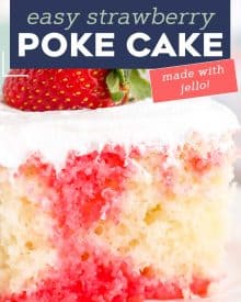 This Strawberry Poke Cake is the easiest and most delicious summer dessert around! Fluffy white cake is infused with strawberry jello, then slathered with whipped cream! Naturally a make ahead dessert, this is a dessert recipe the whole family will love! #pokecake #strawberrydessert #whitecake #dessert #baking #summerdessert
