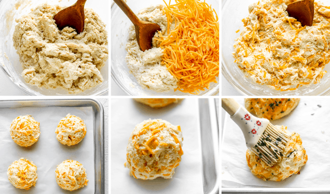 step by step how to make cheddar bay biscuits - image collage