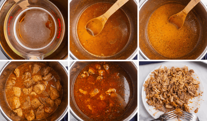 step by step how to pressure cook pork for pork carnitas - image collage