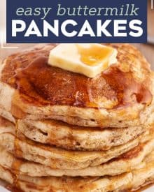 Start your morning off right with a big stack of these fluffy and melt in your mouth Buttermilk Pancakes. This old-fashioned recipe is so easy, tastes way better than a boxed mix, and gives you pancakes with the most perfectly crisp edges and soft fluffy centers. #pancakes #buttermilk #flapjacks #oldfashionedrecipe #fromscratch #homemade