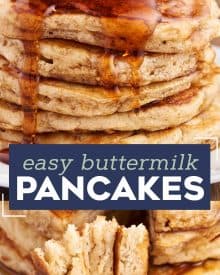 Start your morning off right with a big stack of these fluffy and melt in your mouth Buttermilk Pancakes. This old-fashioned recipe is so easy, tastes way better than a boxed mix, and gives you pancakes with the most perfectly crisp edges and soft fluffy centers. #pancakes #buttermilk #flapjacks #oldfashionedrecipe #fromscratch #homemade