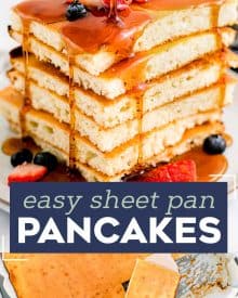 These Fluffy Sheet Pan Pancakes are a delicious way to cook a big breakfast that the whole family can enjoy, together! No standing over the stove making 1-2 pancakes at a time. #pancakes #sheetpan #buttermilk #breakfast #batchcooking