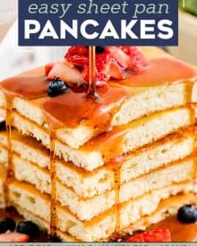 These Fluffy Sheet Pan Pancakes are a delicious way to cook a big breakfast that the whole family can enjoy, together! No standing over the stove making 1-2 pancakes at a time. #pancakes #sheetpan #buttermilk #breakfast #batchcooking