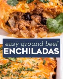 These Easy Beef Enchiladas are made with a flavorful ground beef, green chiles, and black bean filling, piled high with cheese, and all smothered in a mouthwatering homemade enchilada sauce and baked to gooey cheesy perfection! #enchiladas #beef #mexican