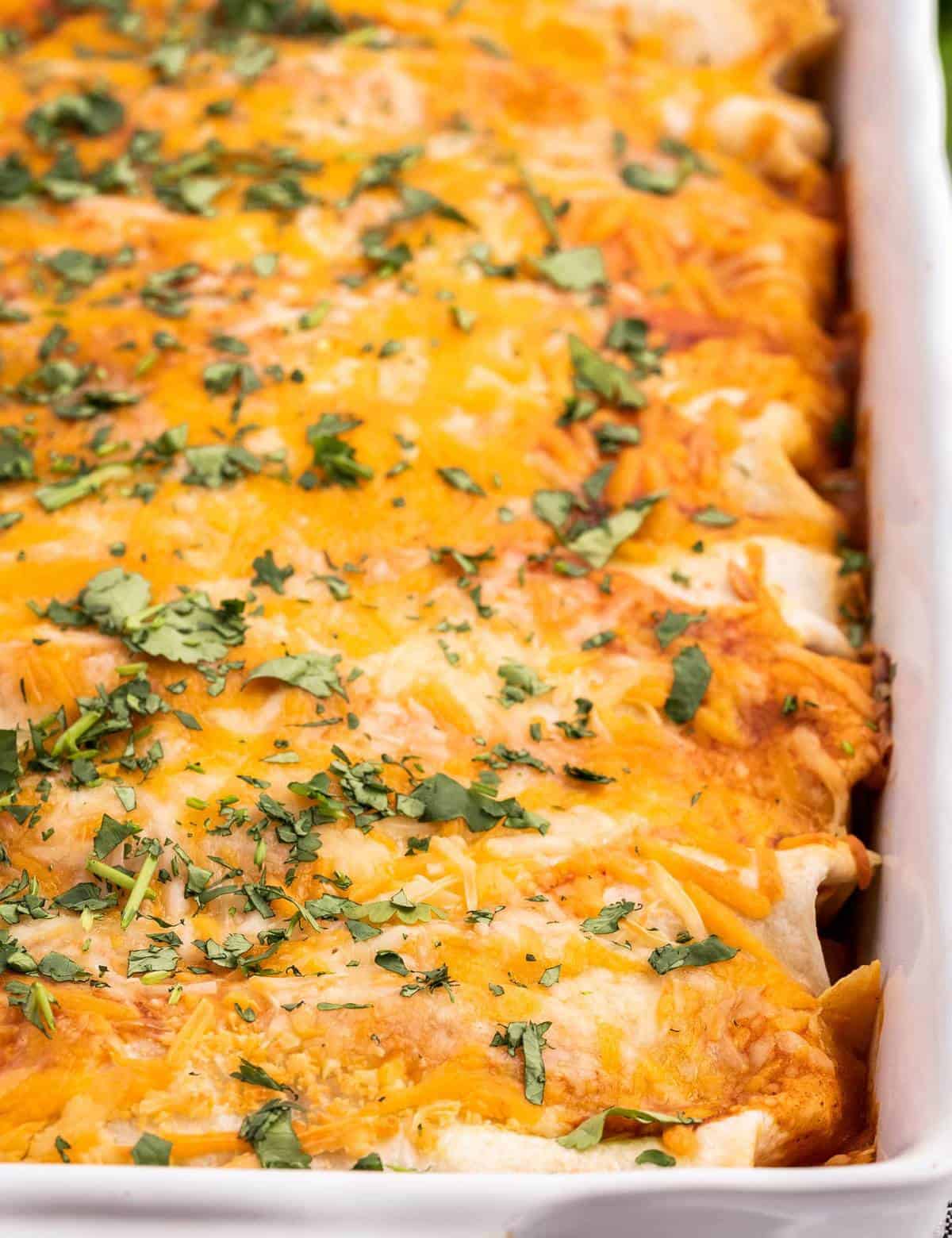 These Easy Beef Enchiladas are made with a flavorful ground beef, green chiles, and black bean filling, piled high with cheese, and all smothered in a mouthwatering homemade enchilada sauce and baked to gooey cheesy perfection! #enchiladas #beef #mexican