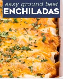 These Easy Beef Enchiladas are made with a flavorful ground beef, green chiles, and black bean filling, piled high with cheese, and all smothered in a mouthwatering homemade enchilada sauce and baked to gooey cheesy perfection! #enchiladas #beef #mexican