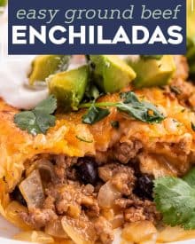 These Easy Beef Enchiladas are made with a flavorful ground beef, green chiles, and black bean filling, piled high with cheese, and all smothered in a mouthwatering homemade enchilada sauce and baked to gooey cheesy perfection! #enchiladas #beef #mexican