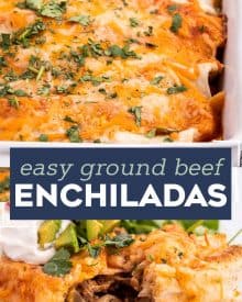 These Easy Beef Enchiladas are made with a flavorful ground beef, green chiles, and black bean filling, piled high with cheese, and all smothered in a mouthwatering homemade enchilada sauce and baked to gooey cheesy perfection! #enchiladas #beef #mexican